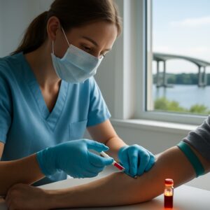 Nurse drawing blood for B12 test in bright Ipswich clinic overlooking Orwell Bridge