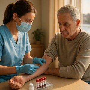 Nurse drawing blood for B12 test on patient in sunlit Ipswich clinic with waterfront view