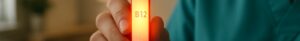 Nurse holding glowing B12 deficiency blood test vial in cozy Ipswich clinic