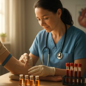 Nurse drawing blood for B12 test in cozy Ipswich clinic with vitamin vials nearby
