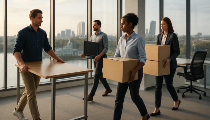 Professional team clearing Greenwich office with desks, boxes, electronics and Thames views.