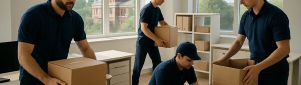 Professional movers packing desks and files in sleek Greenwich office with Royal Observatory view.