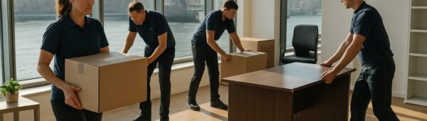 Professional team clearing modern Greenwich office, boxing documents and hauling furniture by Thames windows.
