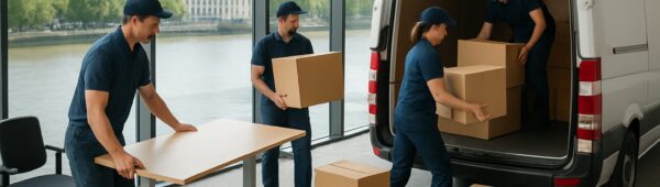 Professional movers loading desks and boxes into van during Greenwich office clearance with Thames view