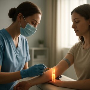 Nurse drawing blood for cholesterol test in serene Chelmsford clinic