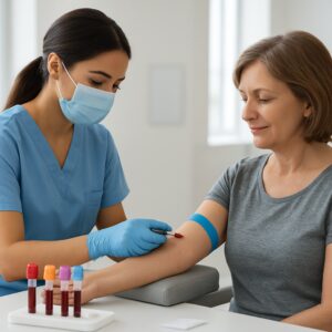 Nurse drawing blood for cholesterol test in bright modern Chelmsford clinic with labeled vials