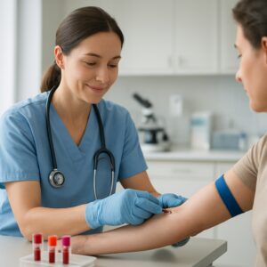 Nurse drawing blood for cholesterol test in bright Chelmsford clinic with modern equipment.