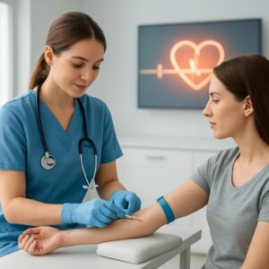 Nurse drawing blood for cholesterol test in bright modern Chelmsford clinic with results on screen