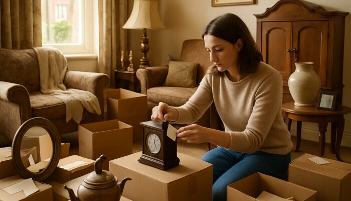 Person labeling antiques and furniture with price tags in a sunlit British living room for eBay sales