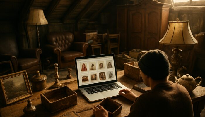Person sorting vintage collectibles in cluttered British attic, laptop open to trending items on eBay and Depop.