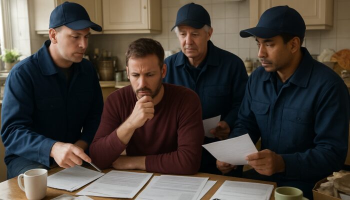 Homeowner comparing house clearance quotes with three teams at cluttered kitchen table with documents.