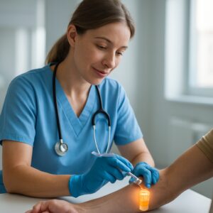 Nurse drawing blood into cholesterol-labeled vial during test in bright Chelmsford clinic