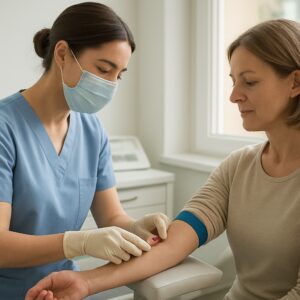 Nurse drawing blood from patient for cholesterol test in serene Chelmsford clinic