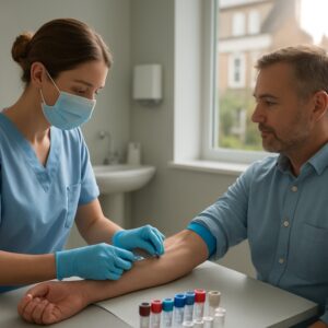 Nurse drawing blood for cholesterol test in modern Chelmsford clinic with labeled vials