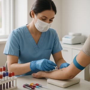 Nurse drawing blood for cholesterol test in bright Chelmsford clinic with lab equipment