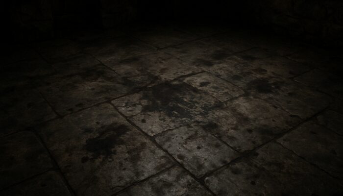 Dimly lit grey slate floor in ancient barrow with persistent dark stains and grime