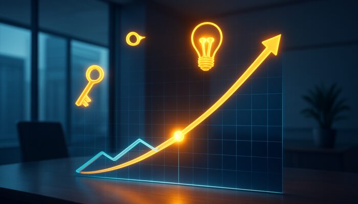 Glowing breakeven intersection on rising credit graph with success icons in modern office