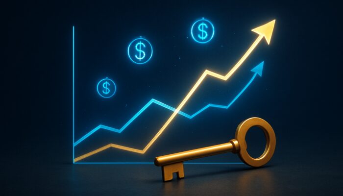 Blue and gold financial graph crossing credit breakeven point with rising arrows and golden key