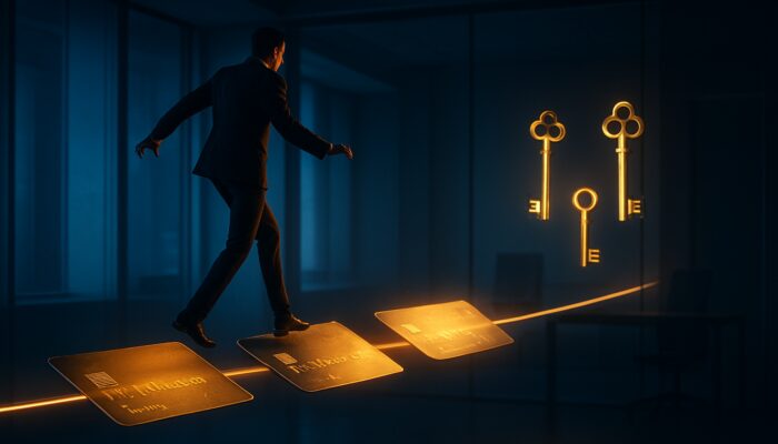 Businessperson crossing credit card tightrope toward breakeven point with floating golden keys in sleek office.
