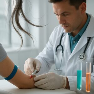 Doctor drawing blood from patient's arm in clinic for hair loss diagnosis with glowing test tubes.