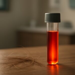 Glowing blood vial beside fallen hair strands on wooden table in Basingstoke clinic for hair loss diagnosis