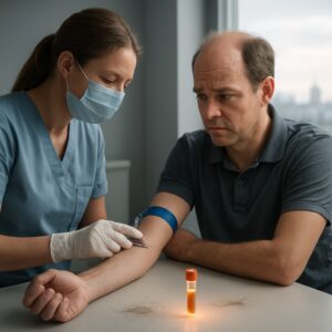 Phlebotomist drawing blood from worried man with thinning hair in Basingstoke clinic