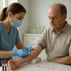 Phlebotomist drawing blood for hair loss test from man in bright UK clinic