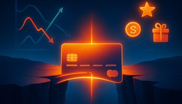 Illustration of glowing credit card bridge over abyss marking breakeven point with interest graphs and rewards