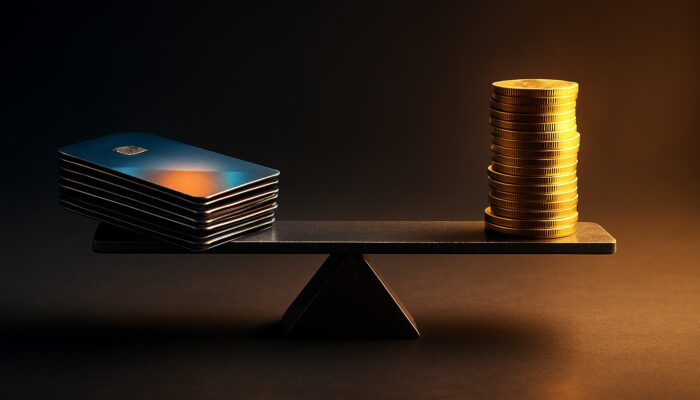 Seesaw balancing stacks of credit cards against gold coins at breakeven point