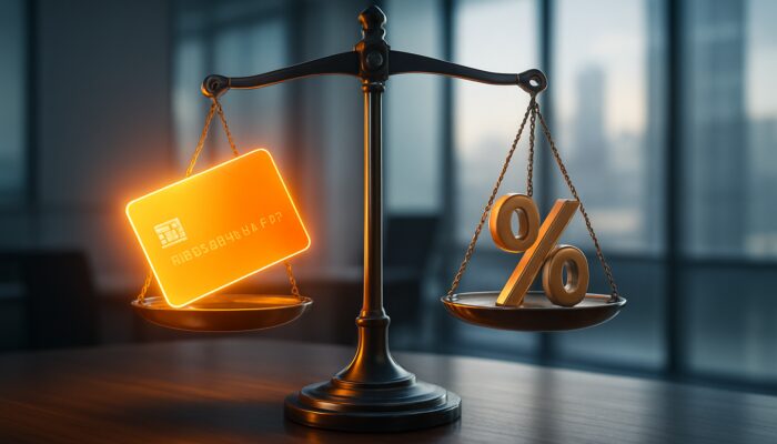 Balance scale showing glowing credit card tipping against coins and interest rates at breakeven point.