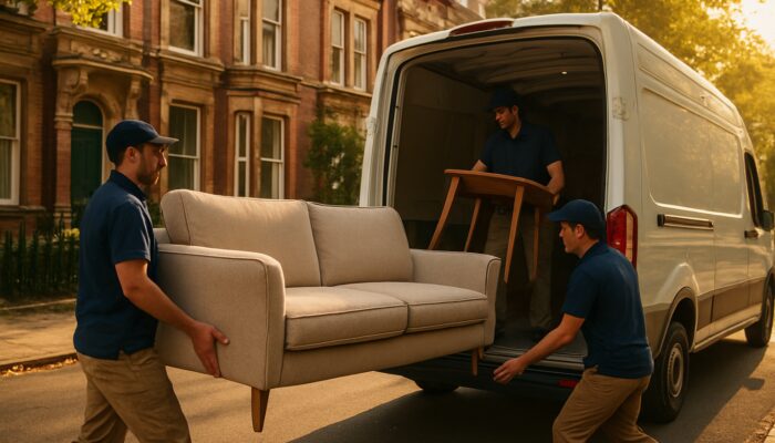 Professional movers loading elegant sofas into van for furniture removal in Fulham