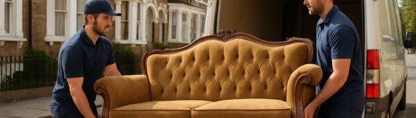 Fulham movers loading vintage sofa into removal van on sunny Victorian street in London