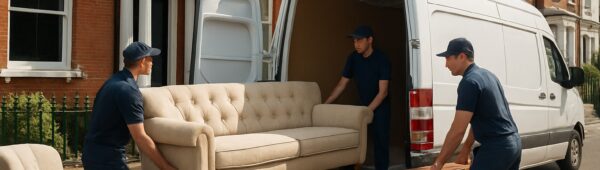 Professional movers loading sofas into van outside Fulham townhouse on sunny afternoon