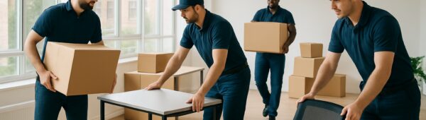 Professional movers clearing office furniture from bright Haringey workspace in London during efficient clearance.