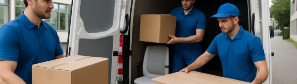 Efficient movers clearing Haringey office, loading desks and boxes into van under bright daylight.