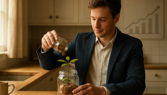 Young professional pouring windfall coins into sprouting money tree jar in cozy British kitchen.