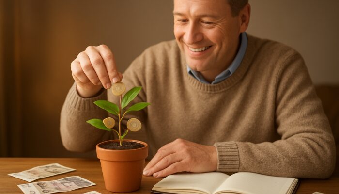 Cheerful Brit tucks windfall coins into sprouting money plant beside open UK financial planner