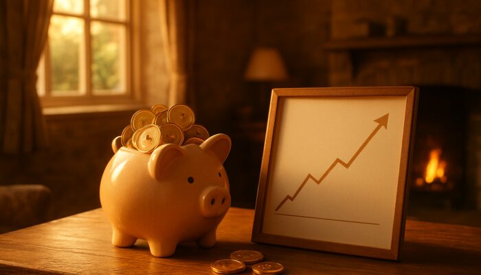 Cozy British cottage with piggy bank full of pound coins beside upward savings chart in golden light