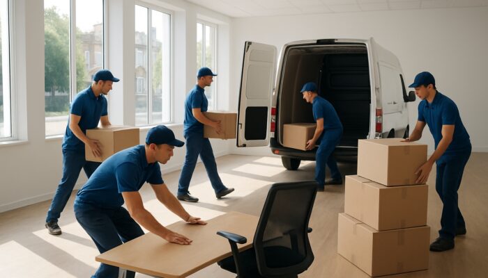 Movers clearing desks and chairs from modern office in Haringey London, loading van on sunny street