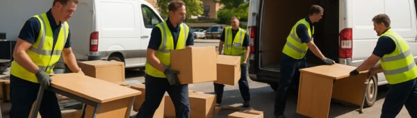 Workers swiftly loading office desks and boxes into vans for Haringey clearance services under bright London skies.