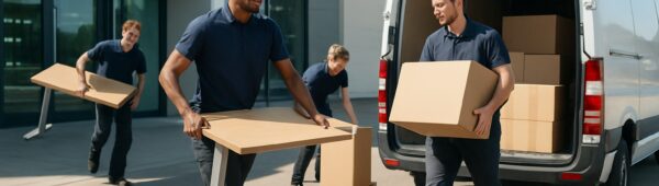 Workers loading desks and boxes into vans during fast Haringey office clearance
