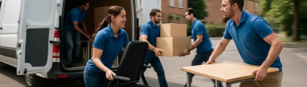 Movers loading desks and boxes into van for quick affordable office clearance in Haringey, London.