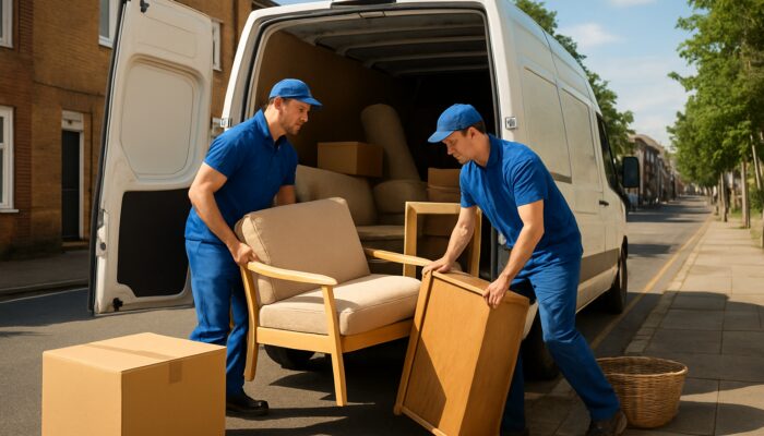 Movers loading furniture into a budget van during affordable Stratford flat clearance on sunny street.
