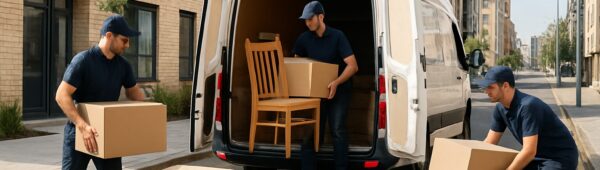 Workers loading furniture and boxes into a van during sunny Stratford flat clearance in East London.