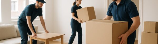 Professional team clearing furniture and boxes from bright Stratford apartment for budget-friendly flat clearance