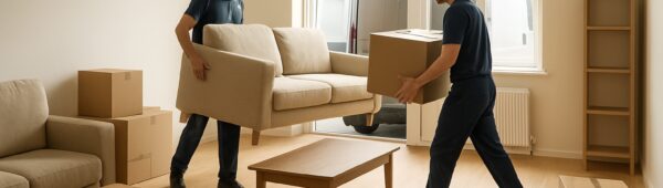 Movers clearing cluttered Stratford flat, loading furniture into van for budget clearance.