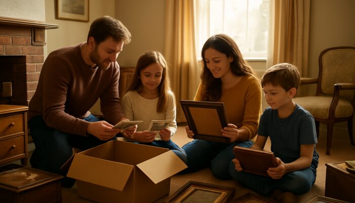 Family sorting heirlooms and photos during house clearance in sunlit Northampton living room