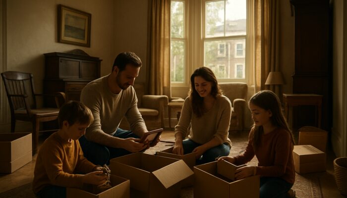 Family sorting belongings in sunlit Northampton Victorian home during house clearance