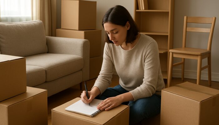 Person writing house clearance inventory list amid stacked boxes in sunlit living room.