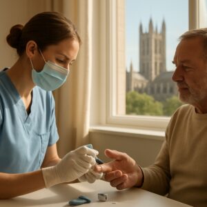 Nurse performs diabetes finger-prick blood test on patient in sunlit Canterbury clinic with cathedral view